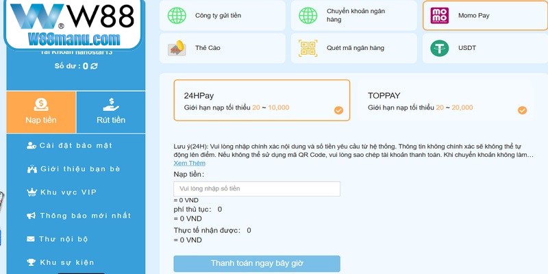Sử dụng Momo để nạp tiền vào W88 được nhiều người lựa chọn